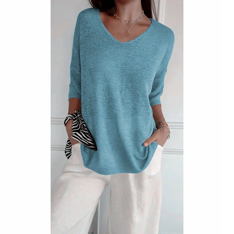 Chroma Chic™ Haut tricoté avec encolure en V, couleur unie